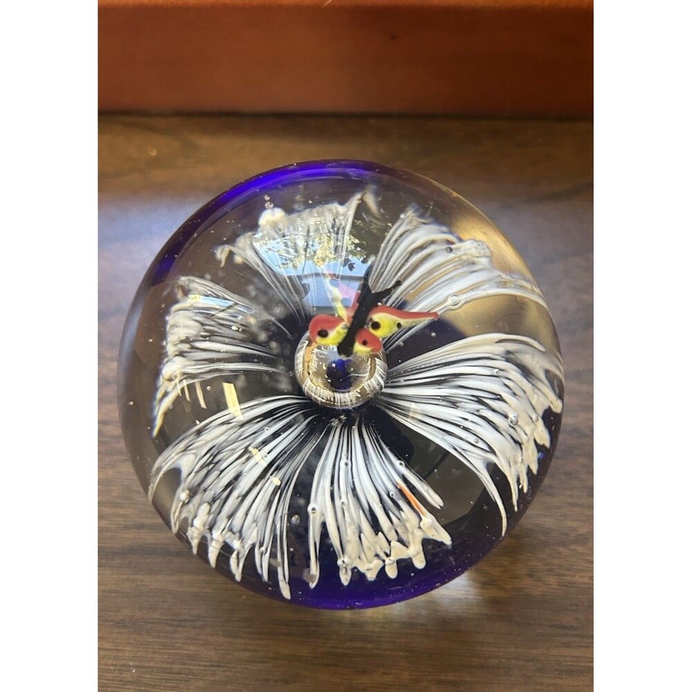 VTG Art Glass Cobalt Blue Base Paperweight Bursting Flower  Controlled Bubbles